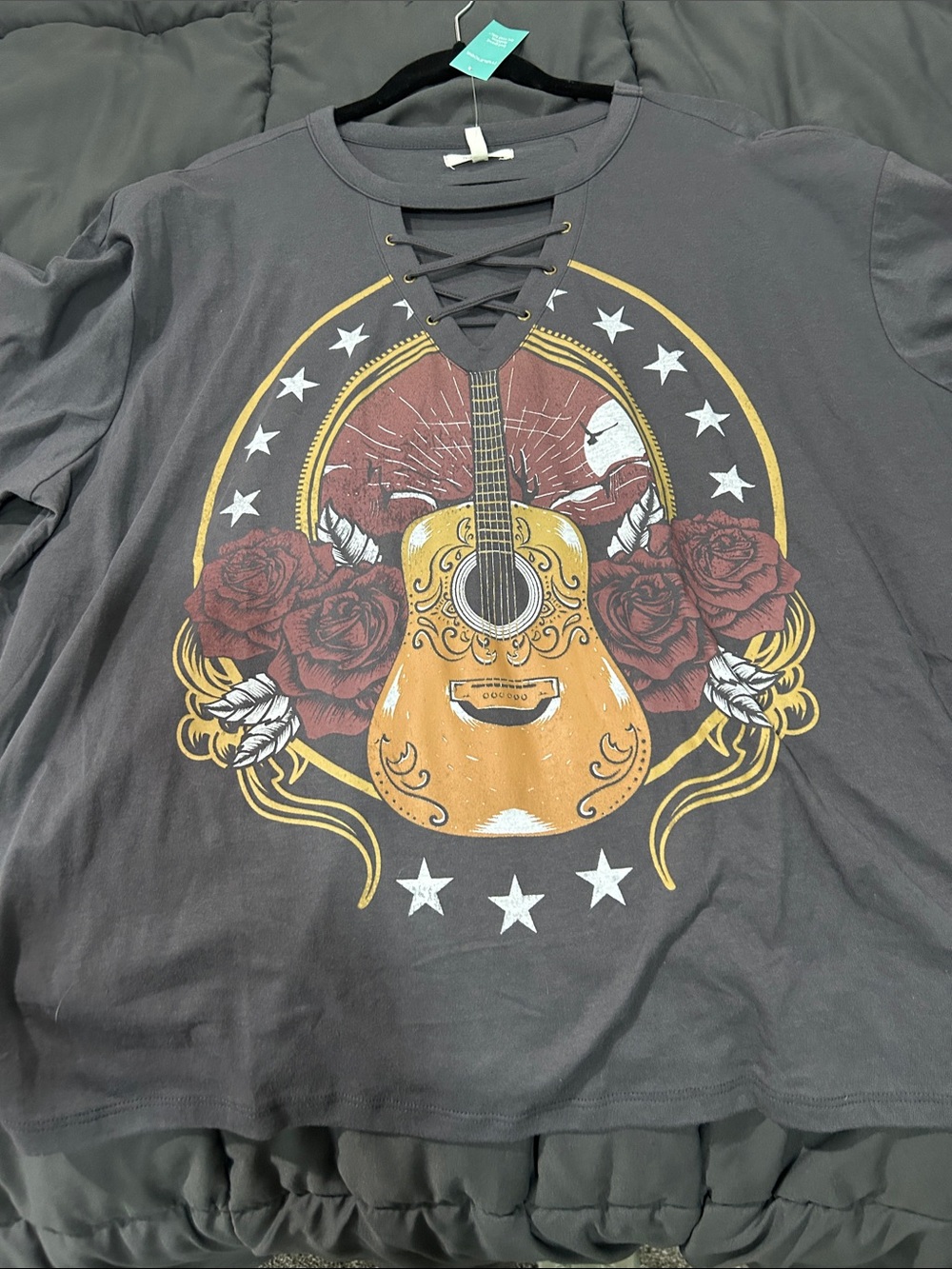 Maurices Charcoal Gray Lace-Up Guitar Graphic Tee - Picture 5 of 11